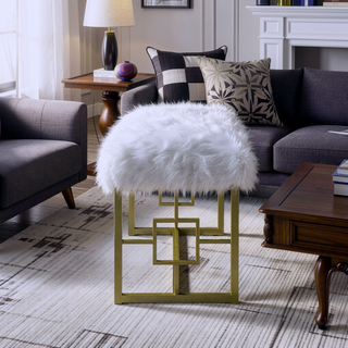Sunvega White Faux Fur Upholstered Bench with Gleaming Gold Metal Legs