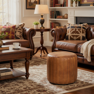 Sunvega Modern Art Handcrafted Buffalo Leather Boucle Footstool for Bedroom Living Room