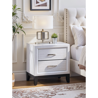 Sunvega White Laminate Nightstand with Wood Grain Detailing and Two Spacious Drawers