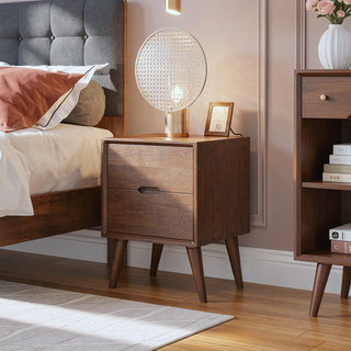 Sunvega Mid-Century Modern Walnut Brown Night Stand with 2 Drawers for Bedroom