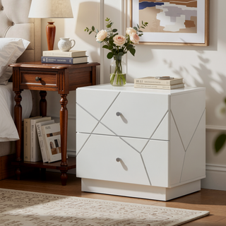 Sunvega Ultra Modern White Finish Nightstand with 2 Drawers and Embossed Lines Design