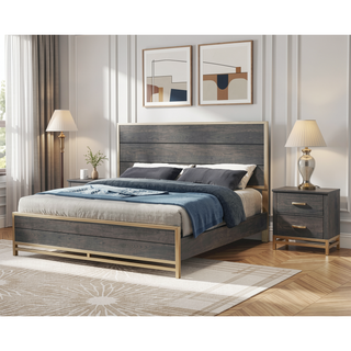 Sunvega Contemporary Gray Finish Nightstand with Gold Metallic Accents and Two Drawers