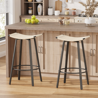 Sunvega Handwoven PVC Weaving Backless Bar Stools with Round Footrest Set of 2