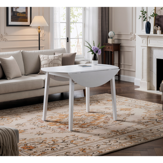 Sunvega Round Drop Leaf Dining Table with Vintage Antiqued White Cottage Finish
