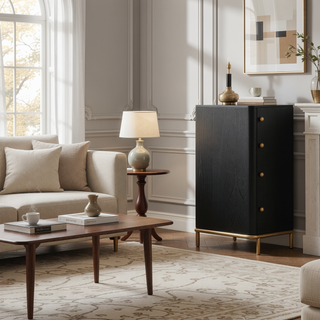Sunvega Black Wood Grain Dresser with Eight Spacious Drawers and Gold Accents