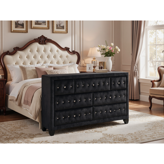 Sunvega Cream Velvet Upholstered Crystal Tufted 7-Drawer Dresser with Wood Frame