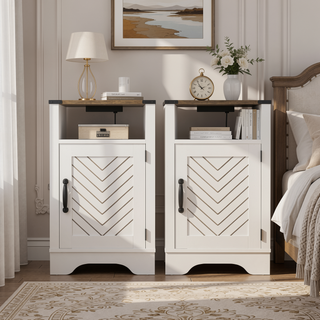 Sunvega White & Oak Farmhouse Nightstand with Electrical Outlets Charging Station and Storage