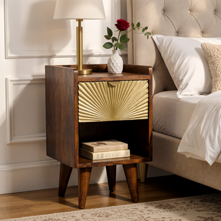 Sunvega Chestnut Finish Nordic Style Legs Brass Plated Drawer Nightstand