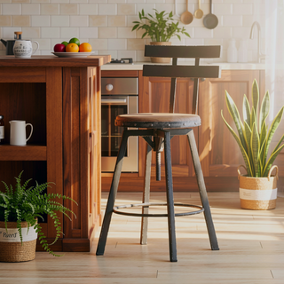 Sunvega Antique Finish Firwood Seat Barstool with Black Brush Silver Metal Frame