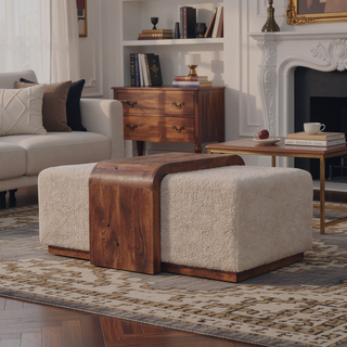 Sunvega Solid Mango Wood Duo Bench with Boucle Seats in Warm Honey Caramel Finish