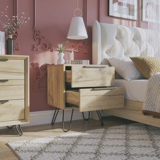 Sunvega Light Oak Finish Two-Drawer Rectangle Nightstand with Steel Legs