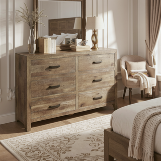 Sunvega Weathered Gray Finish 6 Drawer Dresser Faux Wood Veneer Bedroom Furniture
