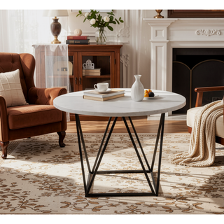 Sunvega White Marble Top Round Dining Table with Deep Bronze Iron Base