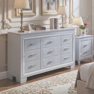 Sunvega Silver Faux Alligator Embossed Nightstand with 2 Dovetail Drawers and LED Lighting