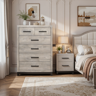 Sunvega Gray Finish 7-Drawer Dresser with Metal Bar Hardware for Bedroom