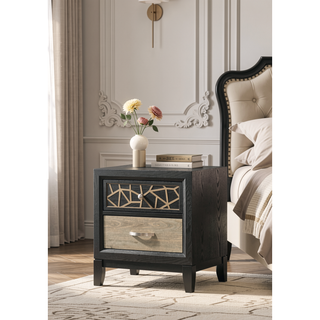 Sunvega Modern Nightstand with Two Drawers and Unique Wood Pattern in Black