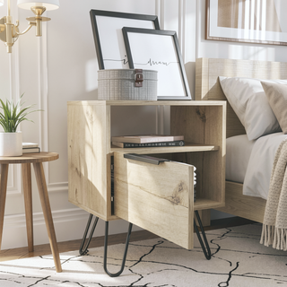 Sunvega Light Oak Nightstand with Single Door Cabinet and Open Shelf