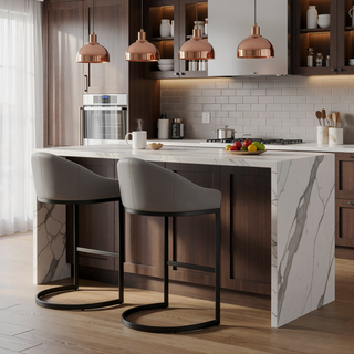 Sunvega Black Metal Counter Stool with Gray Faux Leather Upholstery
