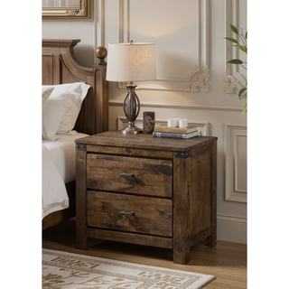 Sunvega Rustic Brown Two Drawer Nightstand with Sleek Metal Handles for Bedroom