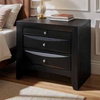Sunvega Black Finish Nightstand with Two Spacious Drawers and Sleek Nickel Knob