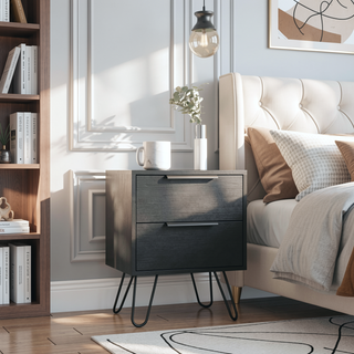 Sunvega Modern End Table with Two Drawers and Hairpin Legs for Bedroom