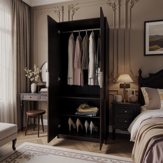 Sunvega Two-Door Wardrobe with Hanging Rod and Two Shelves for Bedroom
