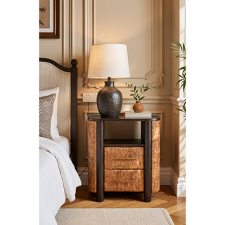 Sunvega Solid Mango Wood Rattan Curve Edge Nightstand with Two Drawers and Shelf