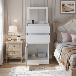 Sunvega White Jewelry Box with Flip Top Mirror and Two Drawers