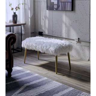Sunvega Gold Finish Metal Base Armless Backless Lounge Bench with White Faux Fur