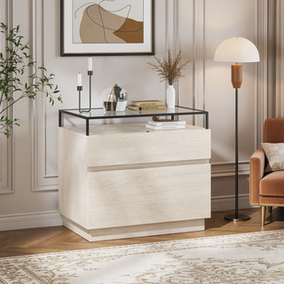 Sunvega Modern Industrial Nightstand with LED Lights and Two Drawers for Bedroom