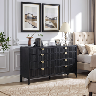 Sunvega Mason Black Wood Dresser with Wire Brushed Finish and Golden Handles