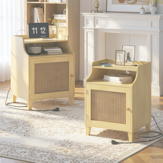Sunvega Farmhouse Nightstand Set with Charging Station and Rattan Door for Bedroom