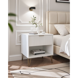 Sunvega Modern Glam Nightstand with Gold Metal Legs and Textured Drawer