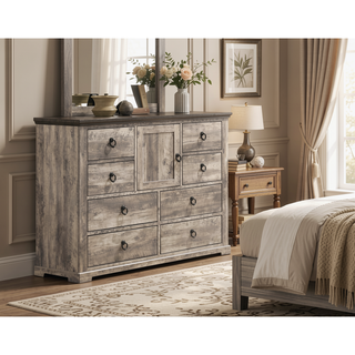 Sunvega Contemporary Rustic Gray Two-Tone Finish Nightstand with Two Drawers and Metal Knobs