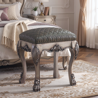Sunvega Vanity Stool with Tufted Upholstered Seat and Vintage Bone White Claw Legs