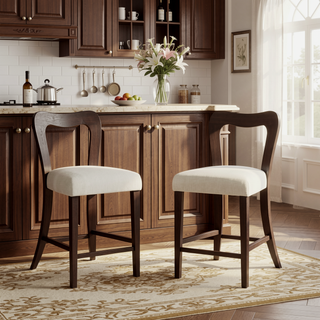 Sunvega Natural Rubberwood Counter Stool Set with Chunky Modern Design and Ergonomic Backrest
