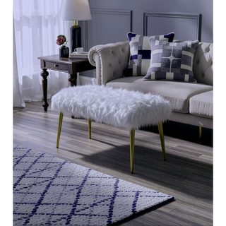 Sunvega Gold Finish Metal Base Armless Backless Lounge Bench with White Faux Fur