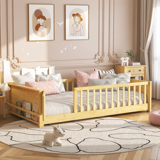 Sunvega Twin Size Floor Bed with Built-in Book Rack and Revolving Door for Kids