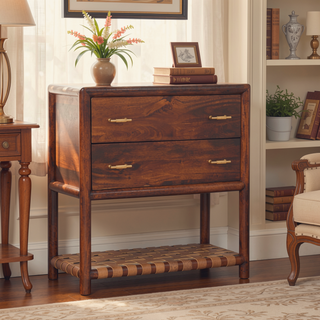 Sunvega Modern Woven 2-Drawer Nightstand with Brass Handles and Braided Shelf