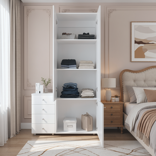 Sunvega White Three-Door Armoire with Three Shelves for Bedroom