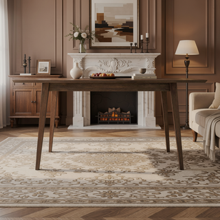 Sunvega Mid-Century Modern Solid Wood Rectangular Dining Table with Brown Stain Finish