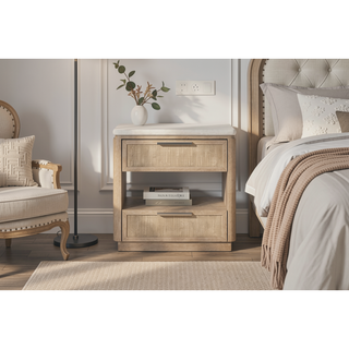 Sunvega Two Drawer Nightstand with Rope Fronts, Stone Top, and USB Charging Ports