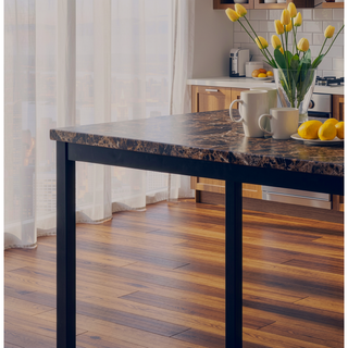 Sunvega Casual Square Metal Dining Table with Faux Marble Top and Black Legs