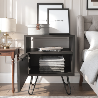 Sunvega Black Nightstand with Hairpin Legs, Open Shelf, and Single Door Cabinet