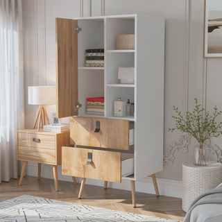 Sunvega White and Macadamia Tall Dresser with Two Drawers and Side Shelves
