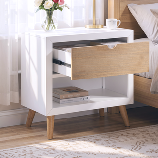 Sunvega White and Natural Finish Pine Wood Nightstand with Drawer and Shelf