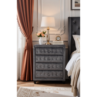 Sunvega Sophia Cream Velvet Upholstered Crystal Tufted 5-Drawer Chest for Bedroom
