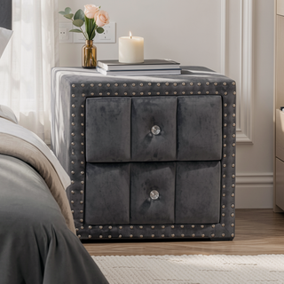 Sunvega Beige Contemporary Nightstand with Crystal Knobs and Vertical Tufting