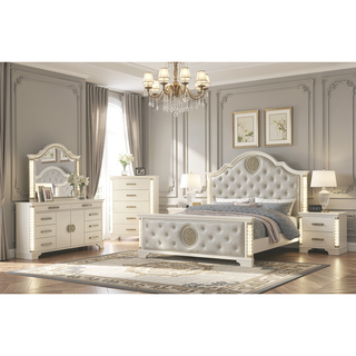 Sunvega Beige Wood 5-Drawer Chest with Gold Accent Pulls and LED Lighting