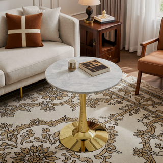 Sunvega Round White Pedestal Side Table with Marble Effect Top for Living Room